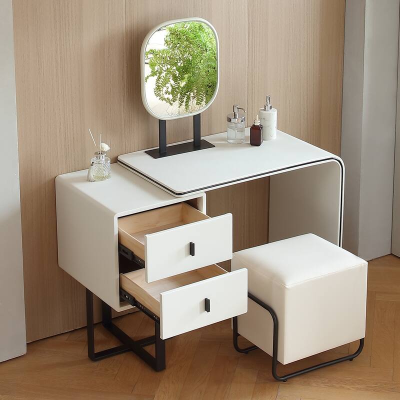 FUKAYI Faux Leather Makeup Vanity Desk Set with Stool Small Vanity Makeup Mirror Desk