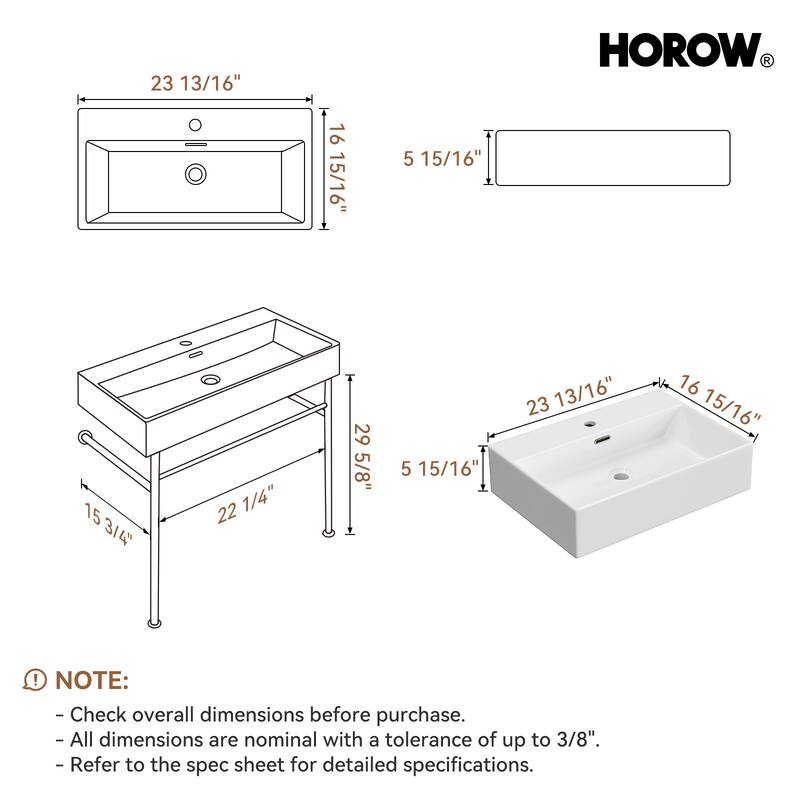 HOROW 24 in. Ceramic White Rectangular Bathroom Console Sink with Golden Legs and Overflow