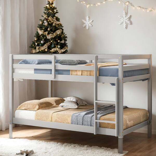 slide 2 of 9, Stylish & Simple Twin over Twin Floor Bunk Bed, Low Height Design, Safety and Quality Guaranteed, Stylistic Elements, White Grey