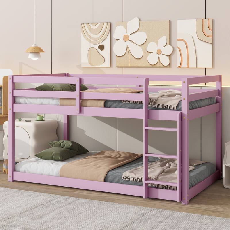 Wooden Twin over Twin Floor Bunk Bed with Ladder ,Upper and Bottom Bed Platforms - Pink
