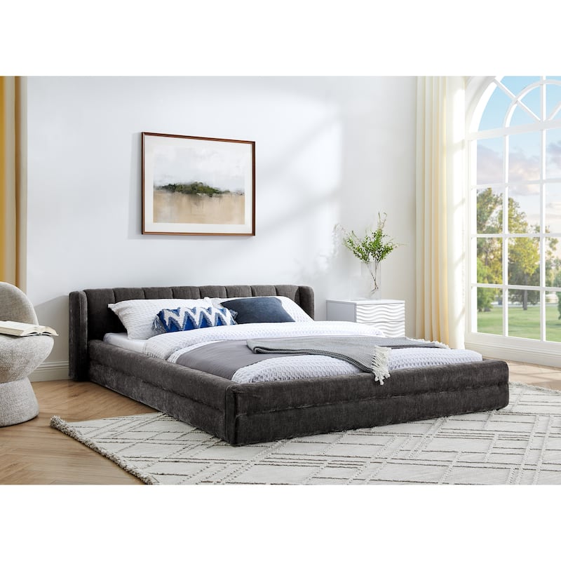 Queen Size Upholstered Bed Frame with Headboard & Solid Frame, Chenille Fabric Grounded Platform Bed - Dark Grey