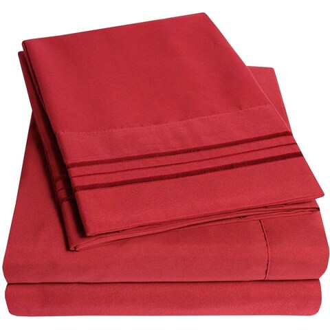 4 PC Red Sheet Set 2000 Embroidery Soft Cozy 12" Deep Pocket