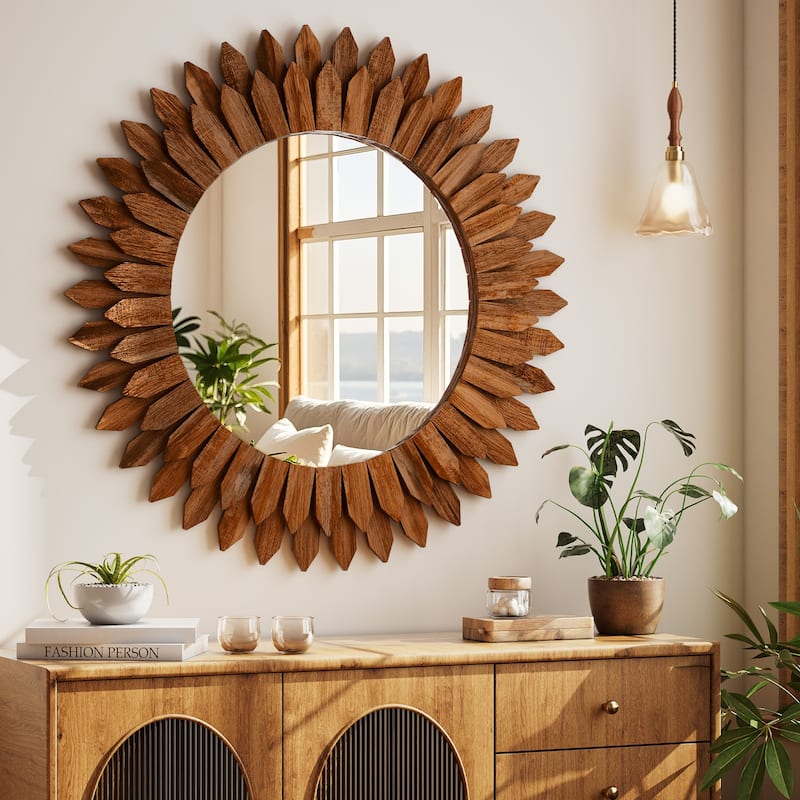 Sunflower Bathroom Mirror Round Wooden Wall Mirror - 24"x24" - Dark Brown