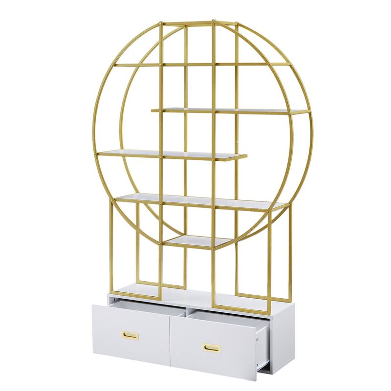 Roomfitters 70.8" Round Bookcase for Office, Bookshelf with Display Shelves and 2 Drawers, Gold Frame, Golden+White