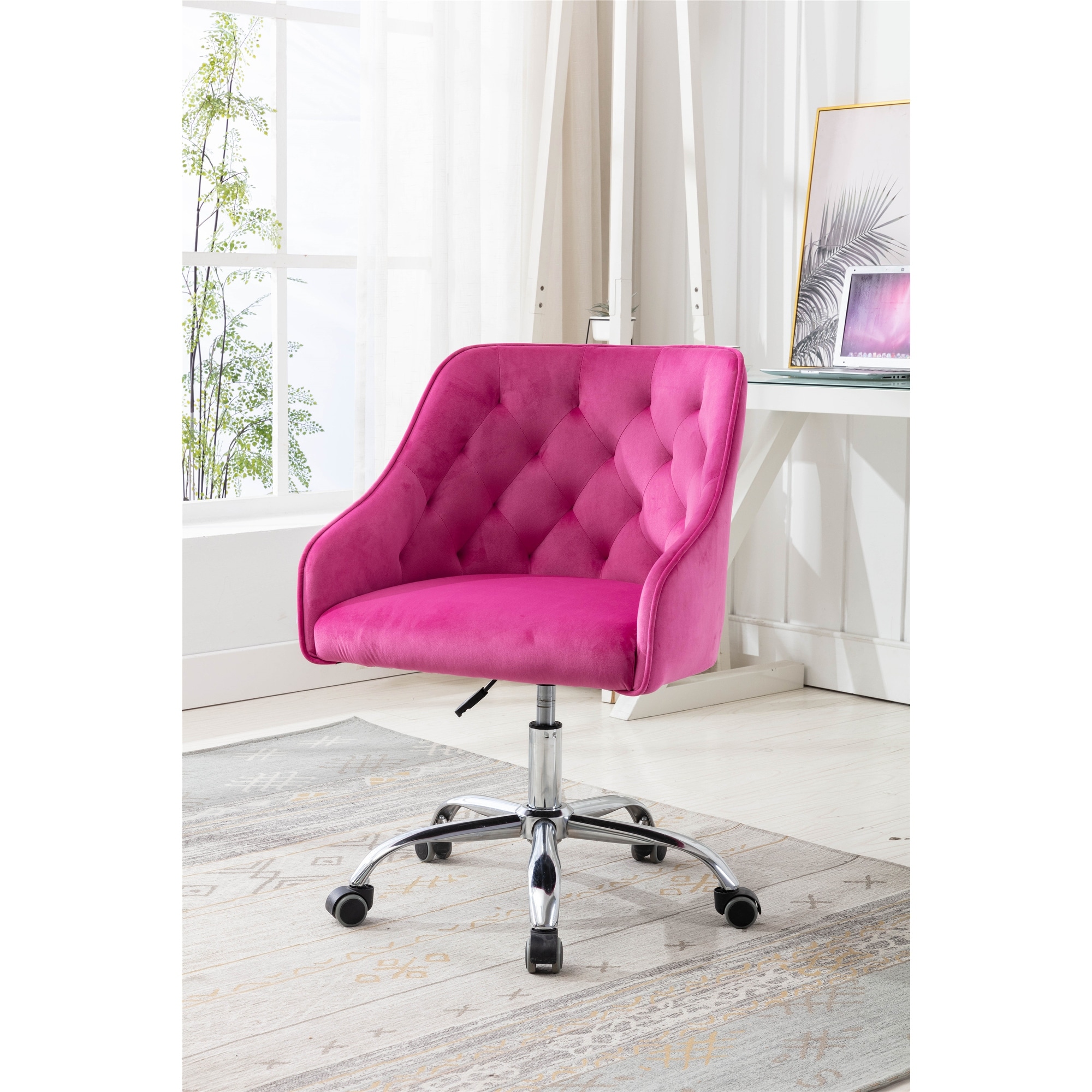 Pink velvet chair online on wheels