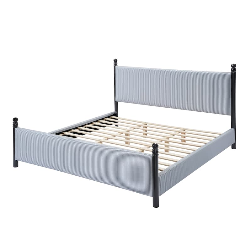 Christopher Knight Home - Modern Striped Upholstered Wood Bed Frame with High Padded Headboard & Soundproofed