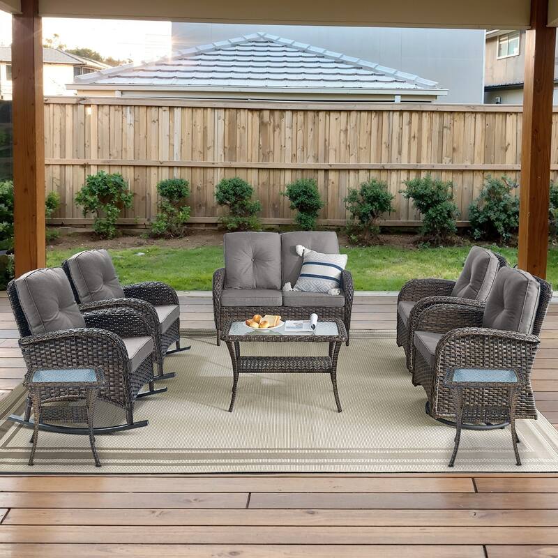 Gymojoy Outdoor Wicker Patio Furniture Loveseat and Chair Set Weather-Resistant - Loveseat Set - Swivel Chairs & Rocking Chairs - Brown Wicker / Grey Cusion