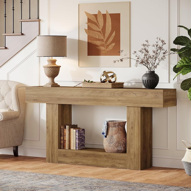 63 Inches Console Table, Farmhouse 2 Tiers Entryway Table, Sofa Table Behind Couch
