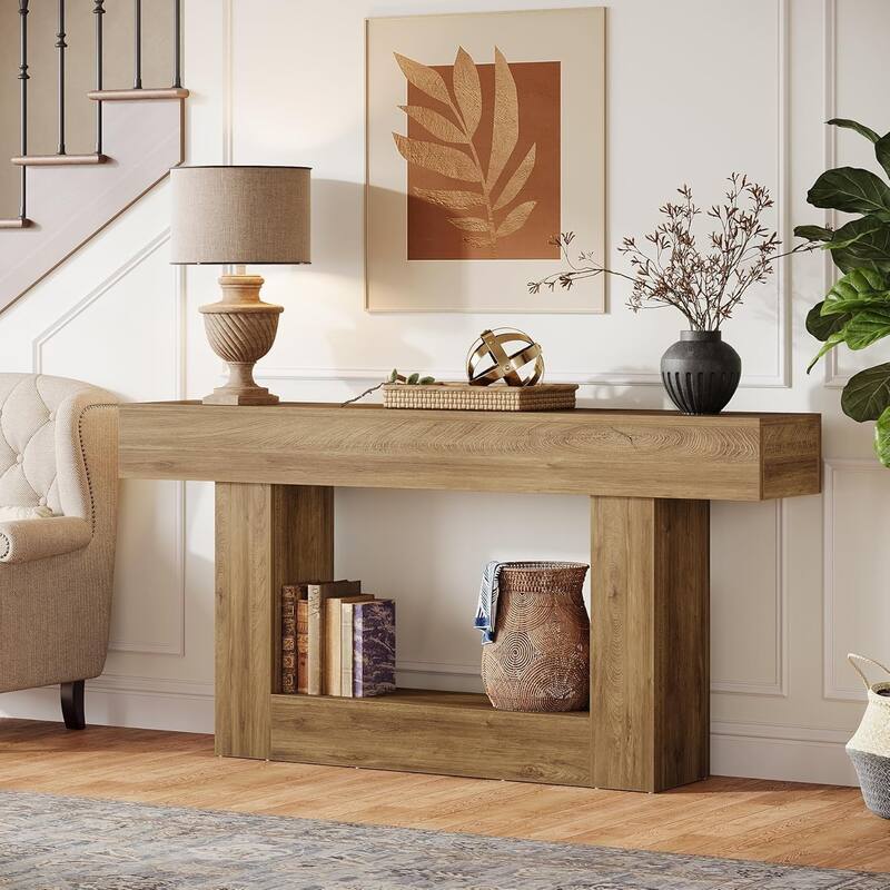 Farmhouse 2 Tiers Entryway Table, 63 Inches Console Table, Narrow Sofa Table