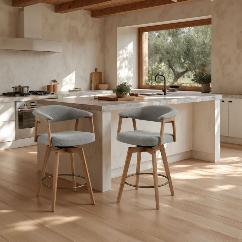 Set of 2 Comfortable Upholstered Counter Height Swivel Barstool - Light Gray Fabric