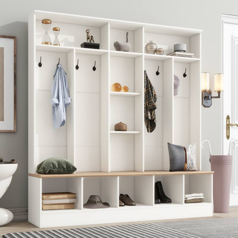 Wide Hall Tree with Storage Bench; Minimalist Shoe Cabinet & Coat Rack for Entryway, Mudroom
