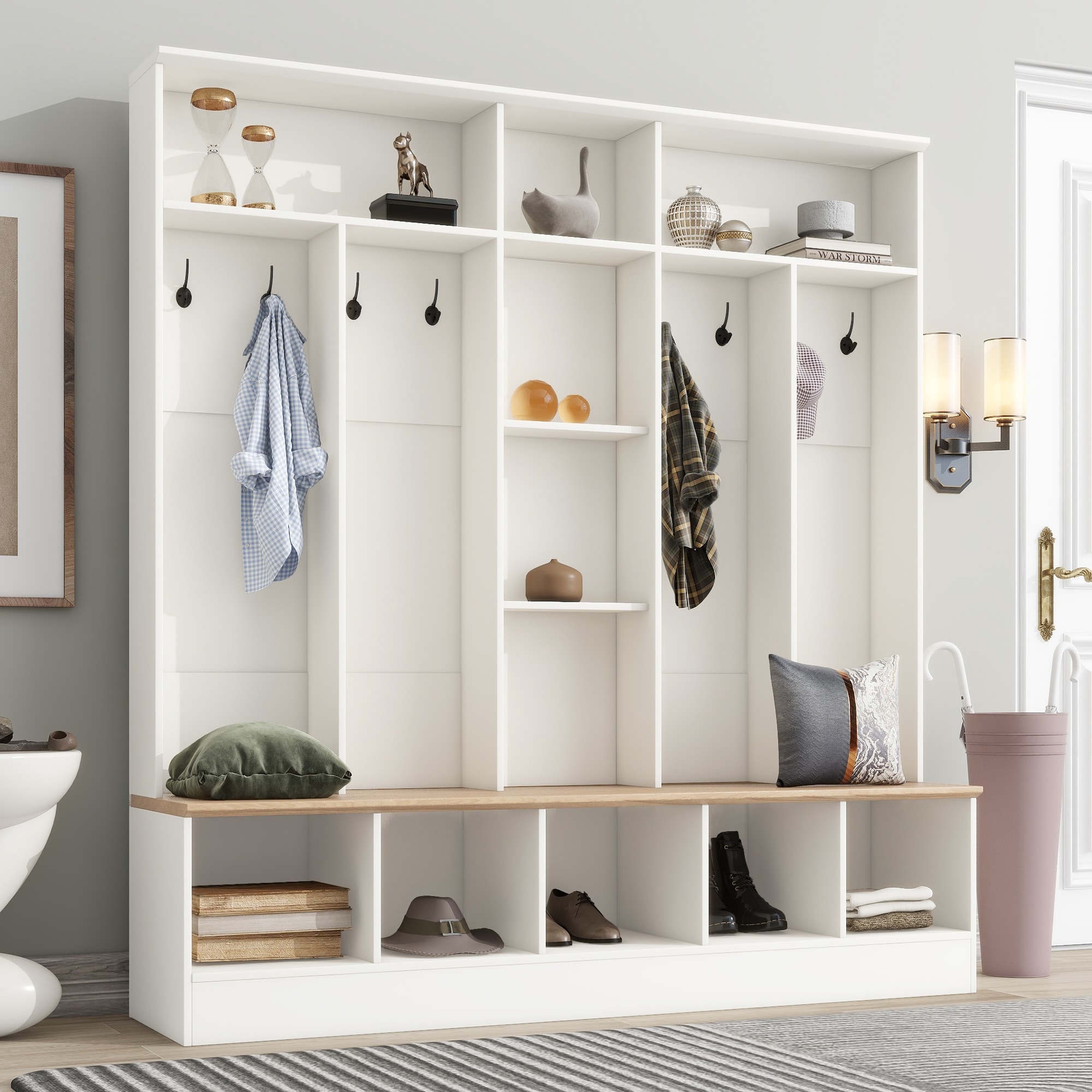 Wooden Hall Tree with Cube Storage, 8 Hooks and Storage Bench by GDFStudio