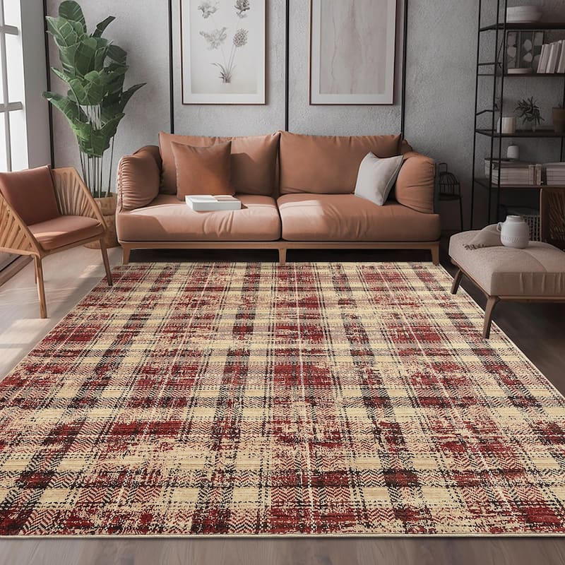 Garvee Earthy Plaid Soft Low Pile Foldable Area Rug