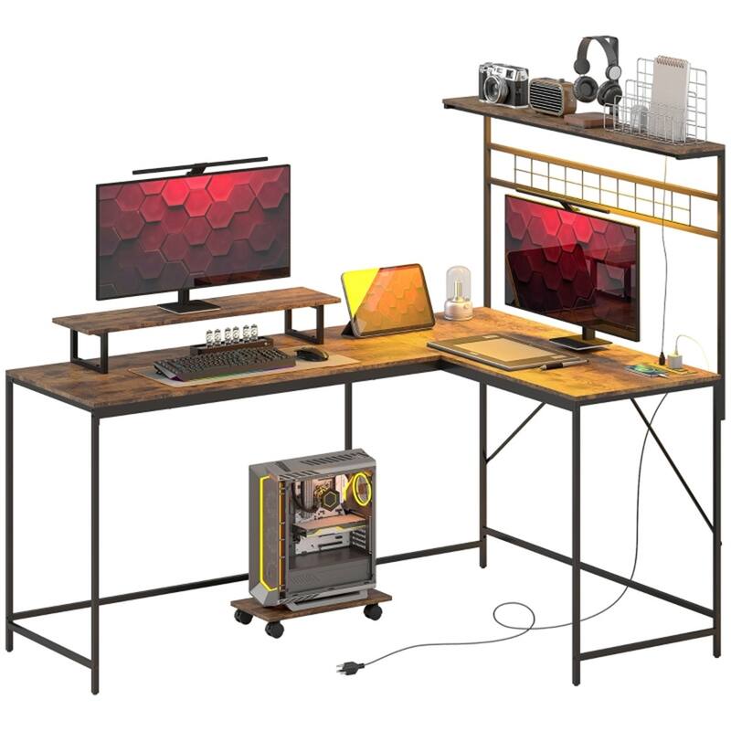 Modern L-Shaped Gaming Desk with Adjustable RGB Lighting and Rolling Keyboard Shelf USB Port
