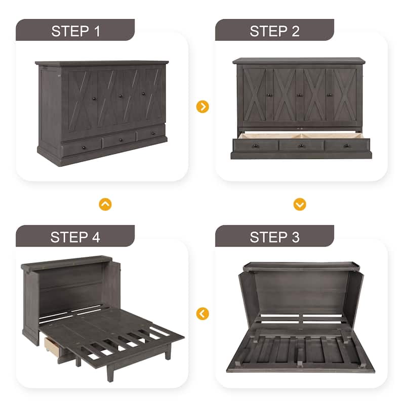 Solid Pine Murphy Bed Chest Cube Cabinet Bed with Charging Station and Large Storage Drawer for or Small Room,Full