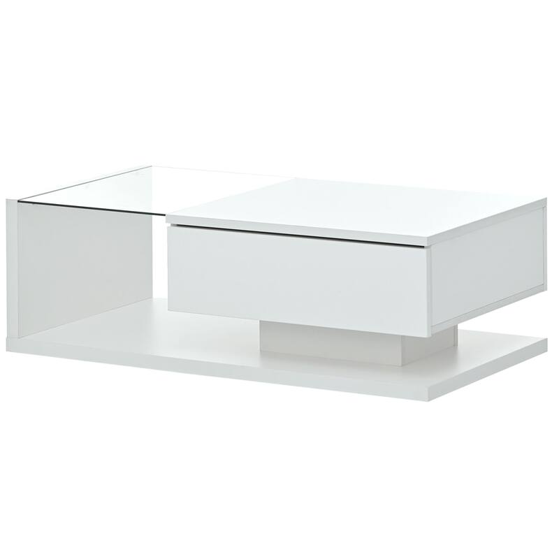 Contemporary Coffee Table with Tempered Glass & Wooden Base, 2-Tier Design, High Gloss UV Surface for Living Room, Black
