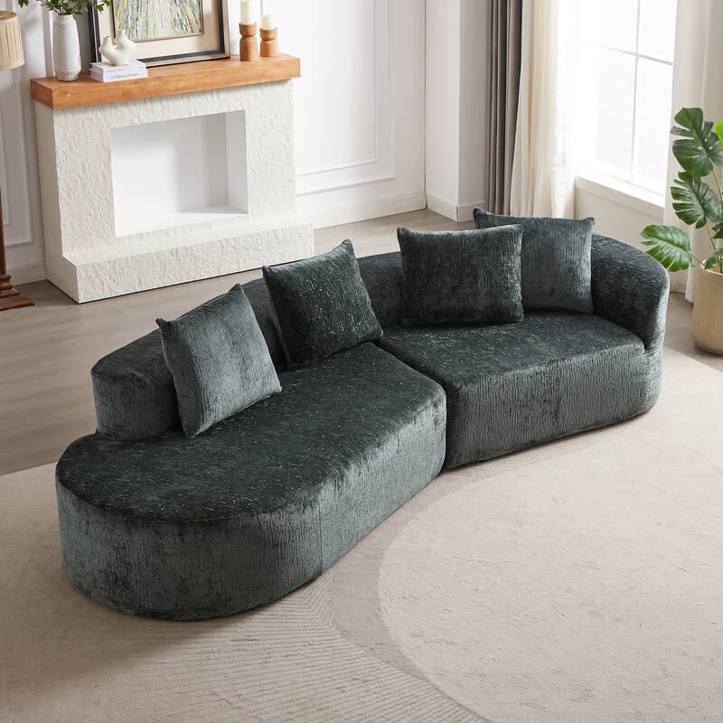 Curved Upholstered Loveseat Sofa Chenille Cloud Couch 4-Seater Chaise Lounge with 4 Throw Pillows for Living Room Recliner