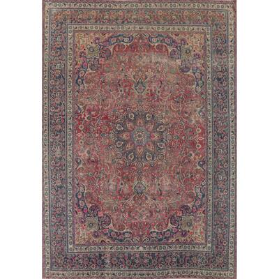 Distressed Mashad Persian Antique Area Rug Hand-Knotted Wool Carpet - 9'5" x 12'5"