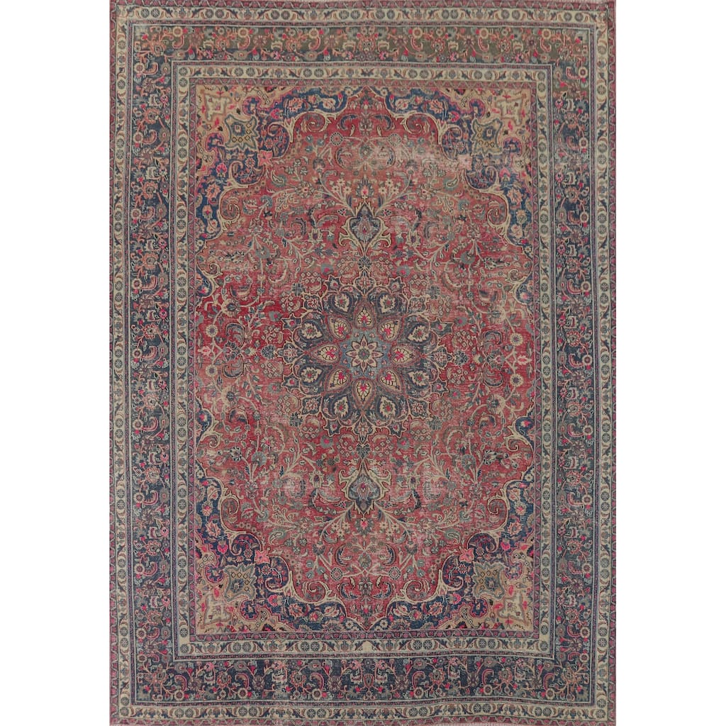 Distressed Mashad Persian Antique Area Rug Hand-Knotted Wool Carpet - 9'5" x 12'5"
