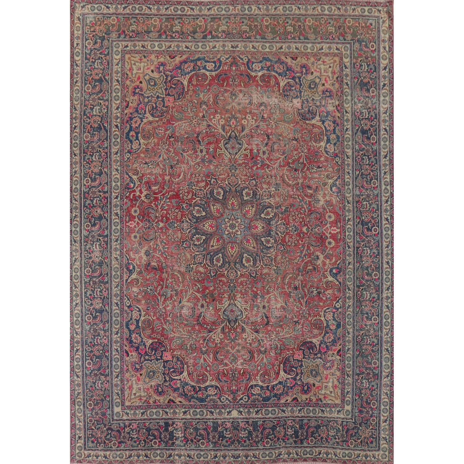 Distressed Mashad Persian Antique Area Rug Hand-Knotted Wool Carpet - 9'5" x 12'5"