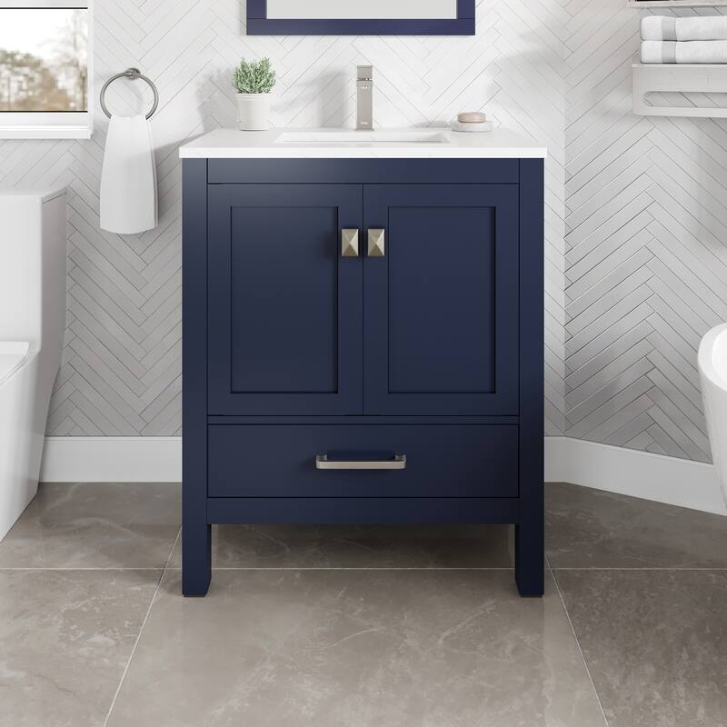 Eviva London 30"W Bath Vanity with Carrara Quartz Top & Porcelain Sink - Blue