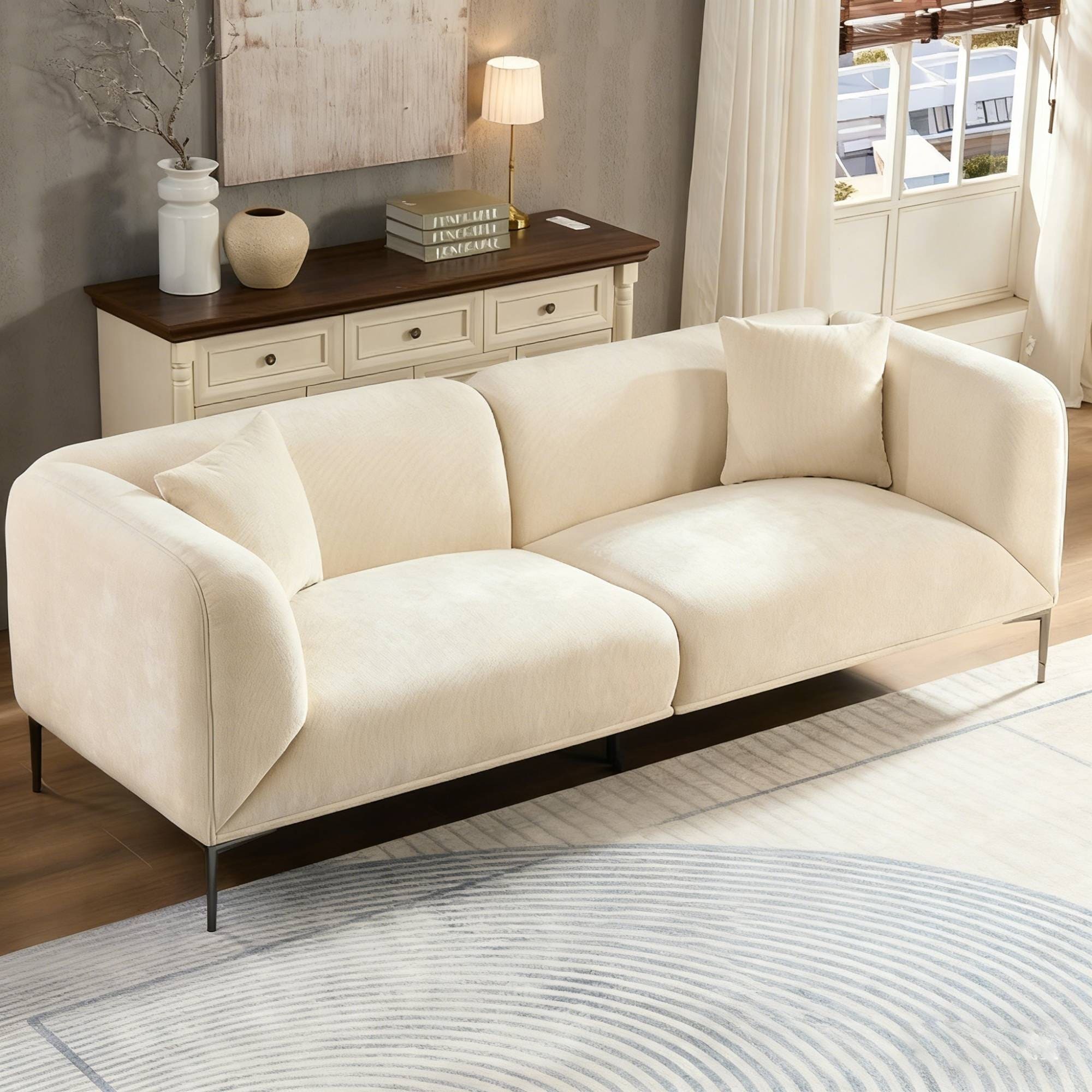 Roomfitters Modern Sofa Soft Fabric Couch with Metal Legs and Removable Accent Pillows for Living Room, Beige