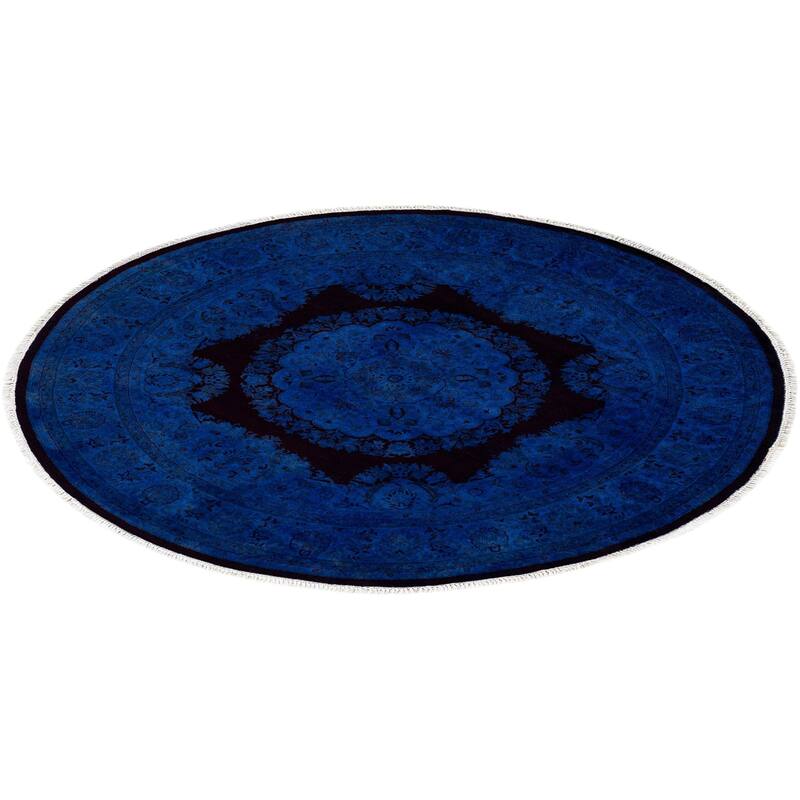 Overton Hand Knotted Wool Vintage Inspired Modern Contemporary Overdyed Blue Round Area Rug - 5' 3" x 5' 4"
