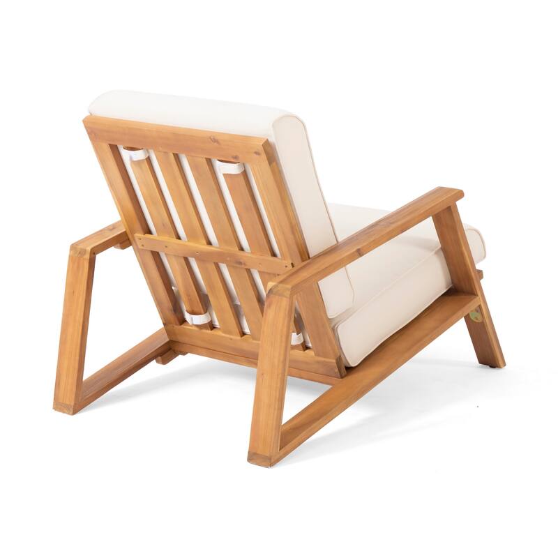 Outdoor Accent Chair, Beige Fabric Cushions, 39 Inch Brown Acacia Wood