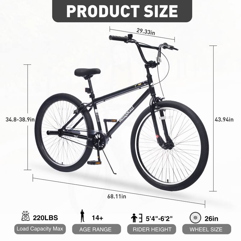 26 Inch Freestyle Bike for Teens, Single-Speed Bicycle with 2 Pegs, Front Caliper Brake and Rear V Brake for Boys and Girls Ages