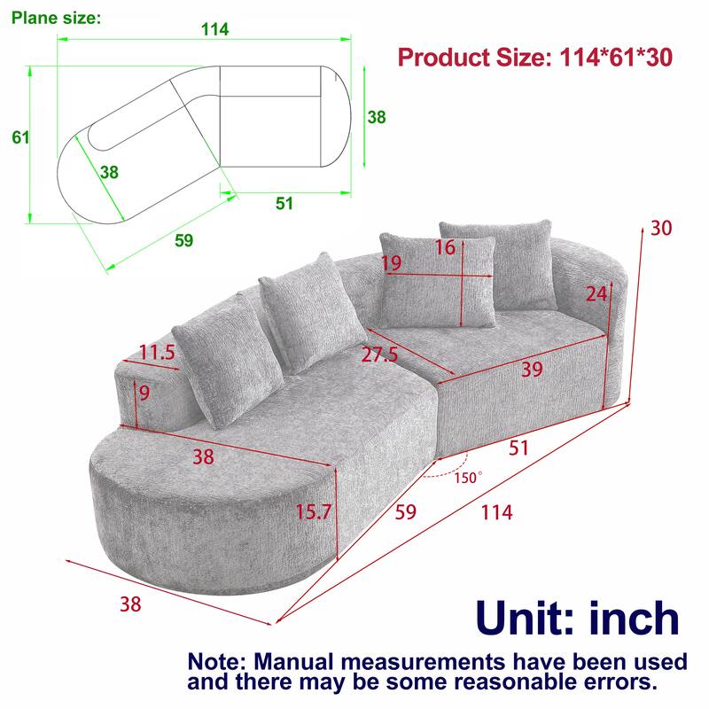 114" Chenille Deep-Seat Sectional Sofa with 4 Pillows