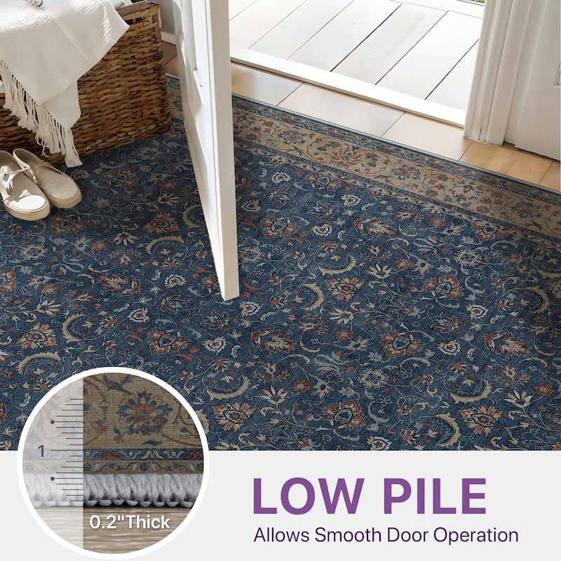 Mcow Vintage Floral Low-Pile Machine-Washable Area Rug