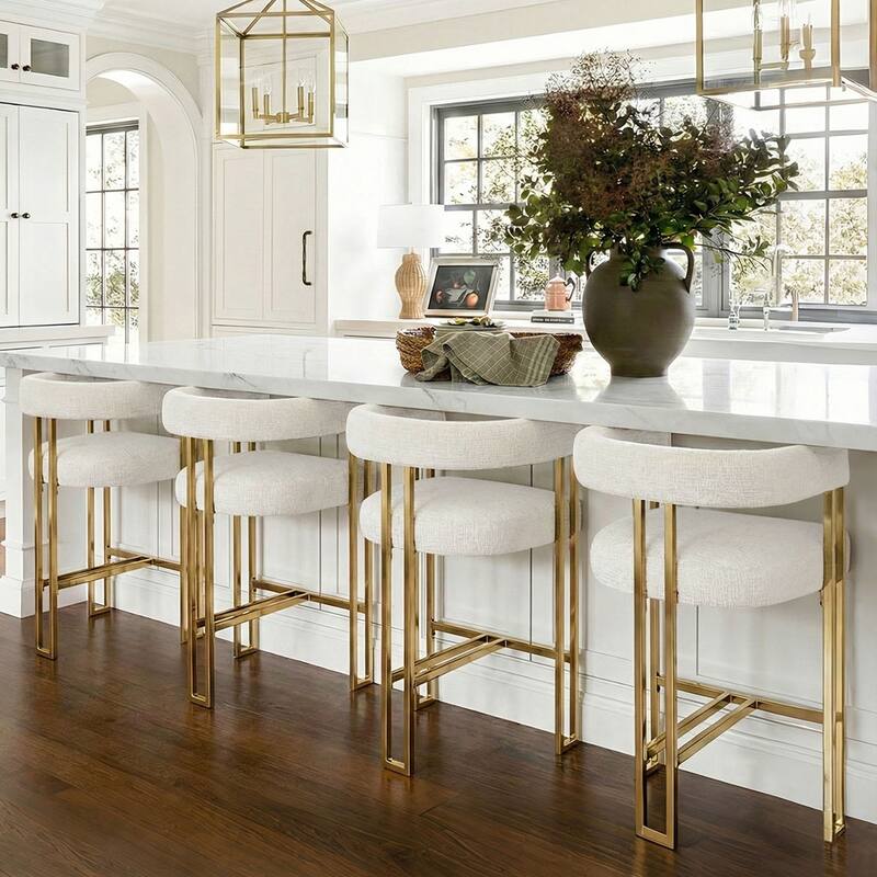 25" Seat Height Upholstered Chenille Gold Matel Counter Stool - Ivory-4-piece - Set of 4