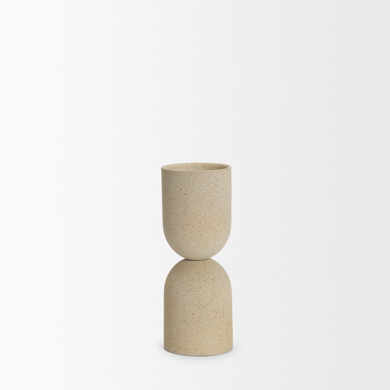 Qamra Short Beige Textured Metal Pillar Candle Holder - 3.5 x 3.5 x 9.25