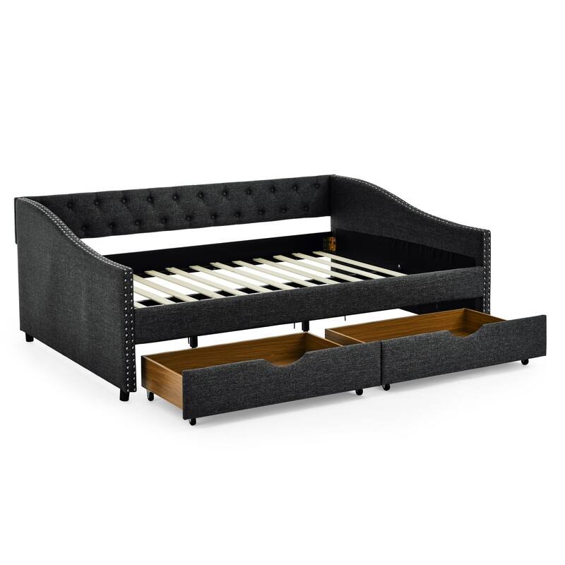 Full Daybed with Drawers,Linen Upholstered Bed with Button on Back and Copper Nail