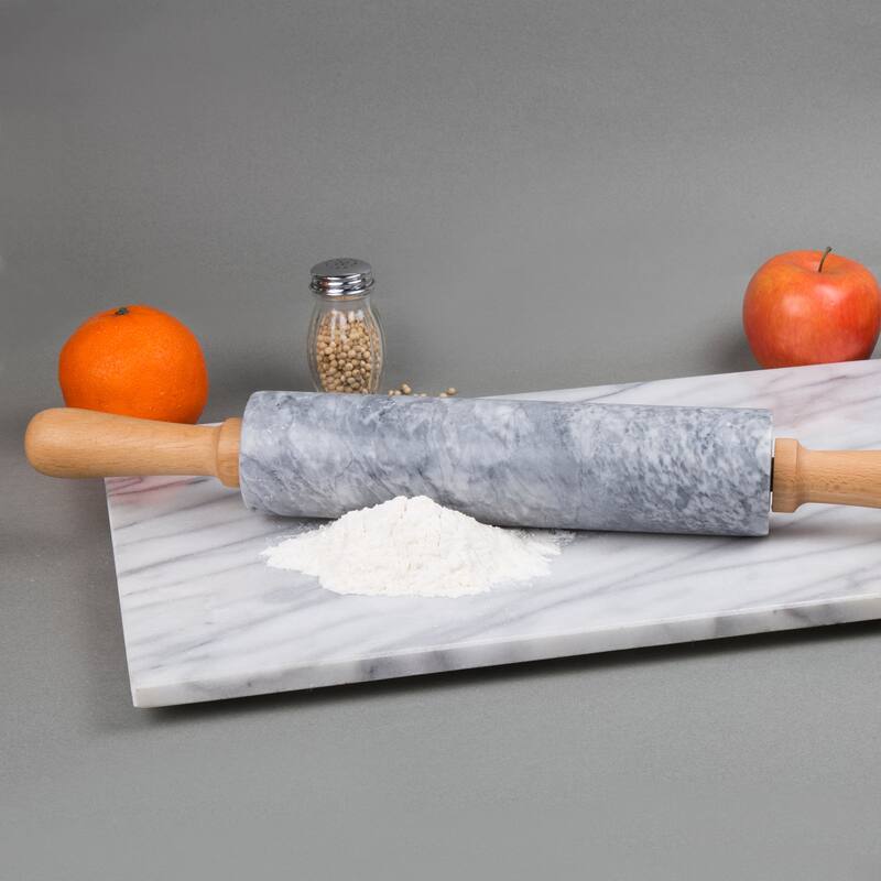 Creative Home Gray Marble 18" Length Rolling Pin w/Deluxe Wood Handles and Cradle