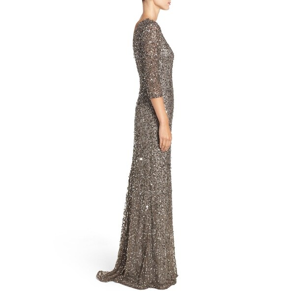 adrianna papell scoop back sequin gown with three quarter sleeves
