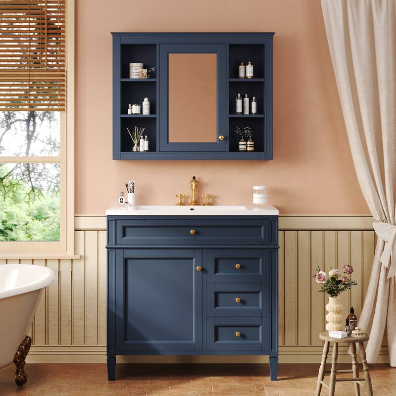 Freestanding Bathroom Vanity & Wall Mounted Mirror Cabinet Set with Resin Sink, Open Shelves, Drawers and Adjustable Shelves