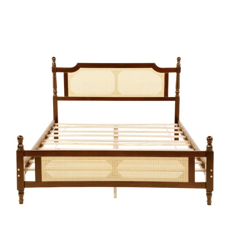 Queen Pine wooden Bed with Rattan Headboard and Footboard