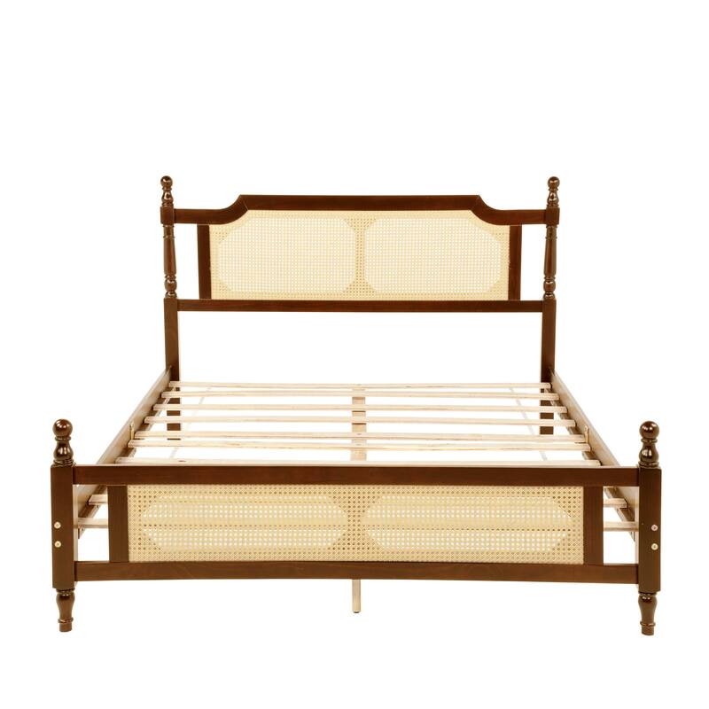 Roomfitters Queen Pine Wood Bed Frame with Rattan Headboard and Footboard, Central Reinforced Platform Support