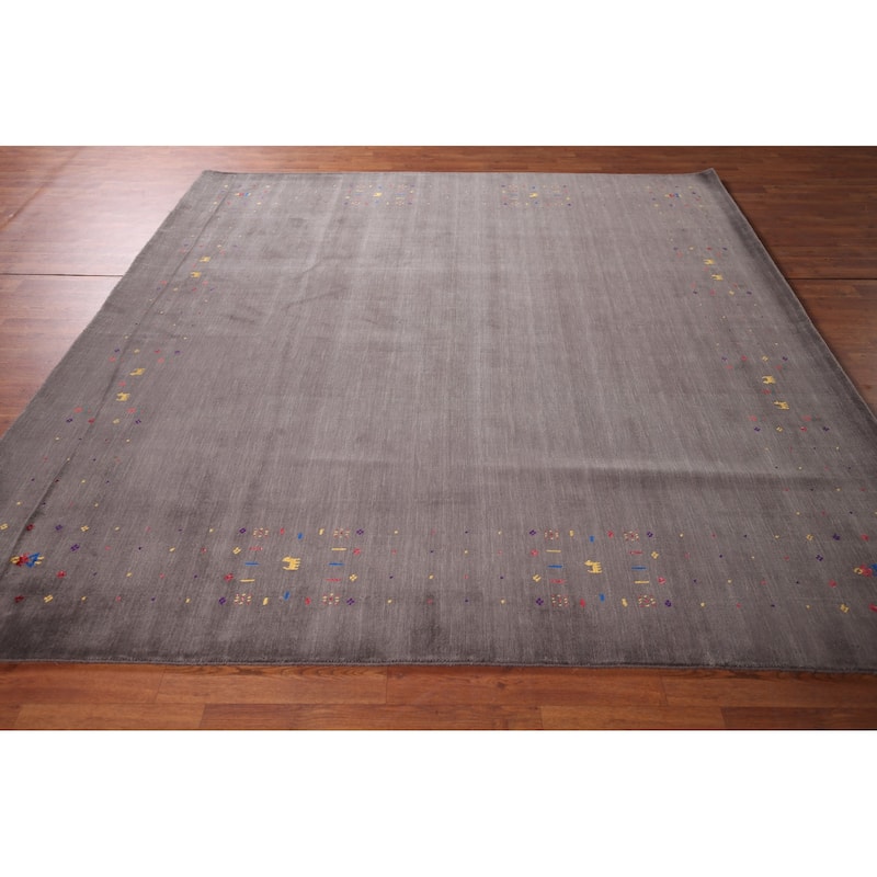 Earth Tone Gabbeh Indo Square Area Rug Hand-Knotted Wool Carpet - 8'2" X 7'10"