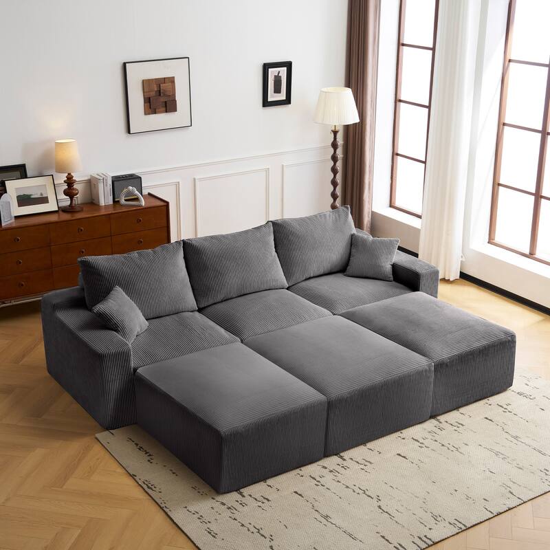 110" L-Shaped Modular Sectional Sofa 3-Seater Corduroy Couch with 3 Ottoman and 2 Pillows - Grey