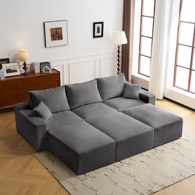110" L-Shaped Sectional Sofa, Full-Compression 3-Seater Cloud Couch with Chaise, Corduroy, Grey