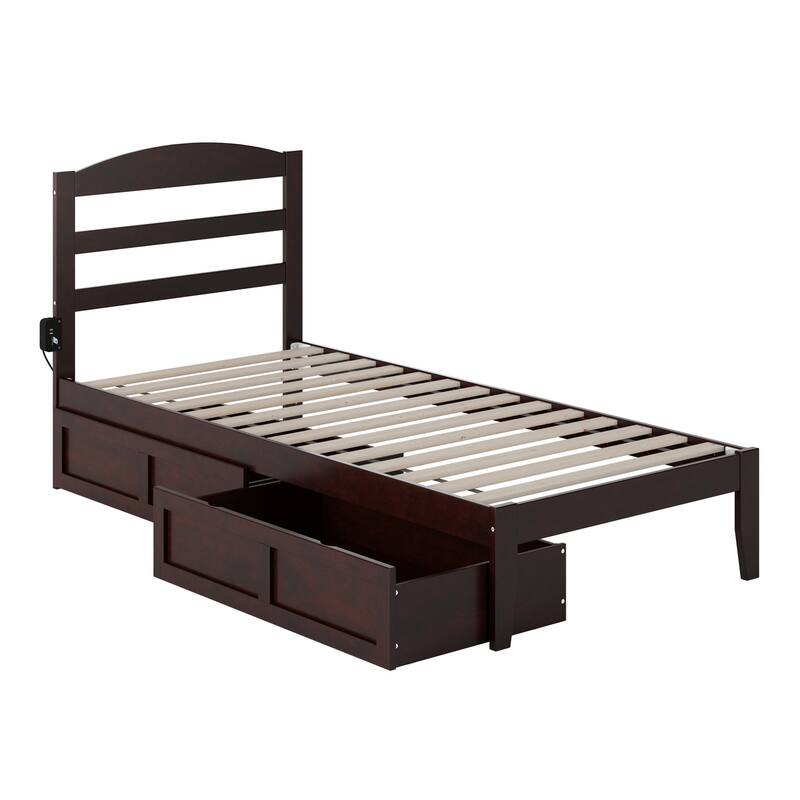 Twin XL Platform Bed with Drawers & Charging Station - Solid Wood Espresso Bed Frame