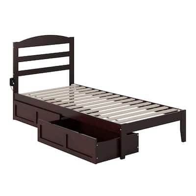 Twin XL Platform Bed with Drawers & Charging Station - Solid Wood Espresso Bed Frame