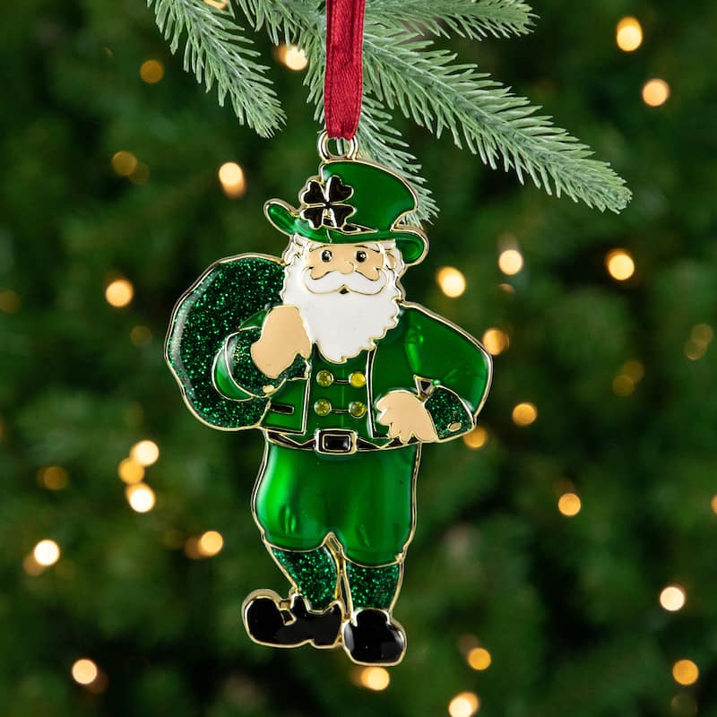 3.5" Green Brass-Plated Irish Santa Ornament European Crystals