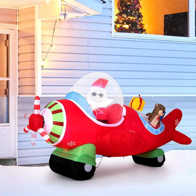 7.2 Ft Animated Inflatable Santa on Plane Lighted w/Spinning Propeller - Multi-Color