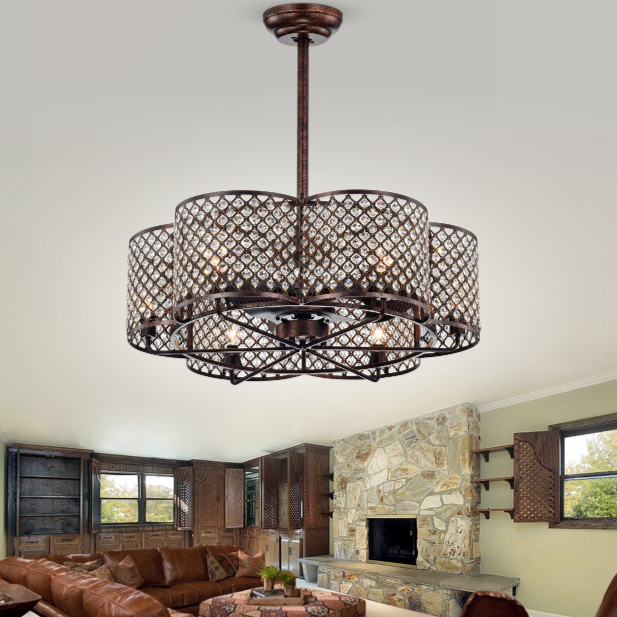 30-Inch Rustic Brown & Crystal Flower Lighted Ceiling Fan for