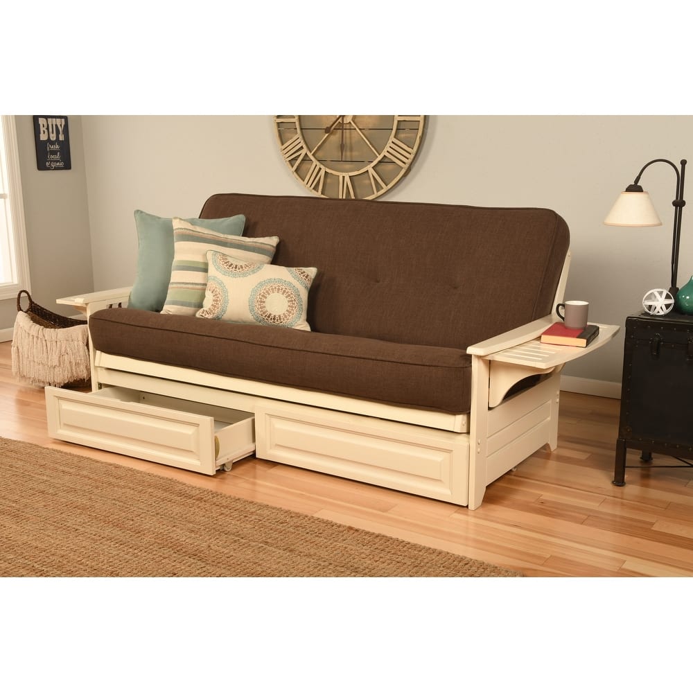Somette Phoenix Futon Set in Antique White Wood with Innerspring Mattress and Storage Drawers