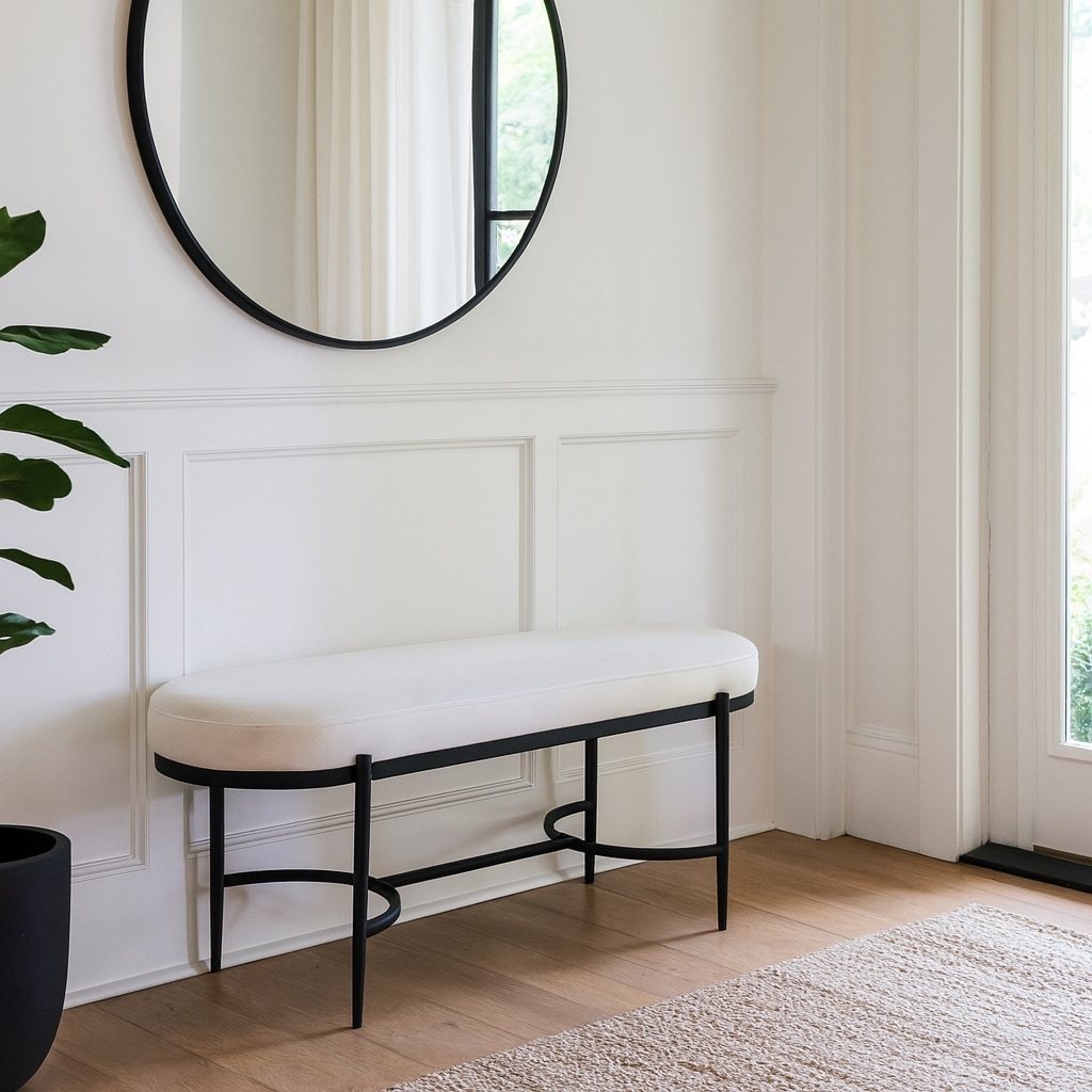 Luxurious Upholstered Bench with Metal Base Frame - 47.5", Ivory - 47.5"