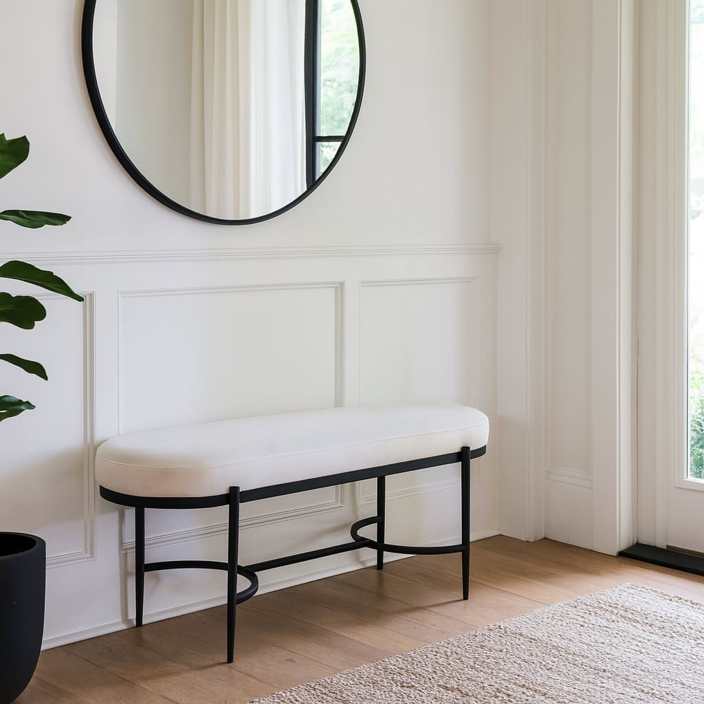 Luxurious Upholstered Bench with Metal Base Frame - 47.5", Ivory - 47.5"